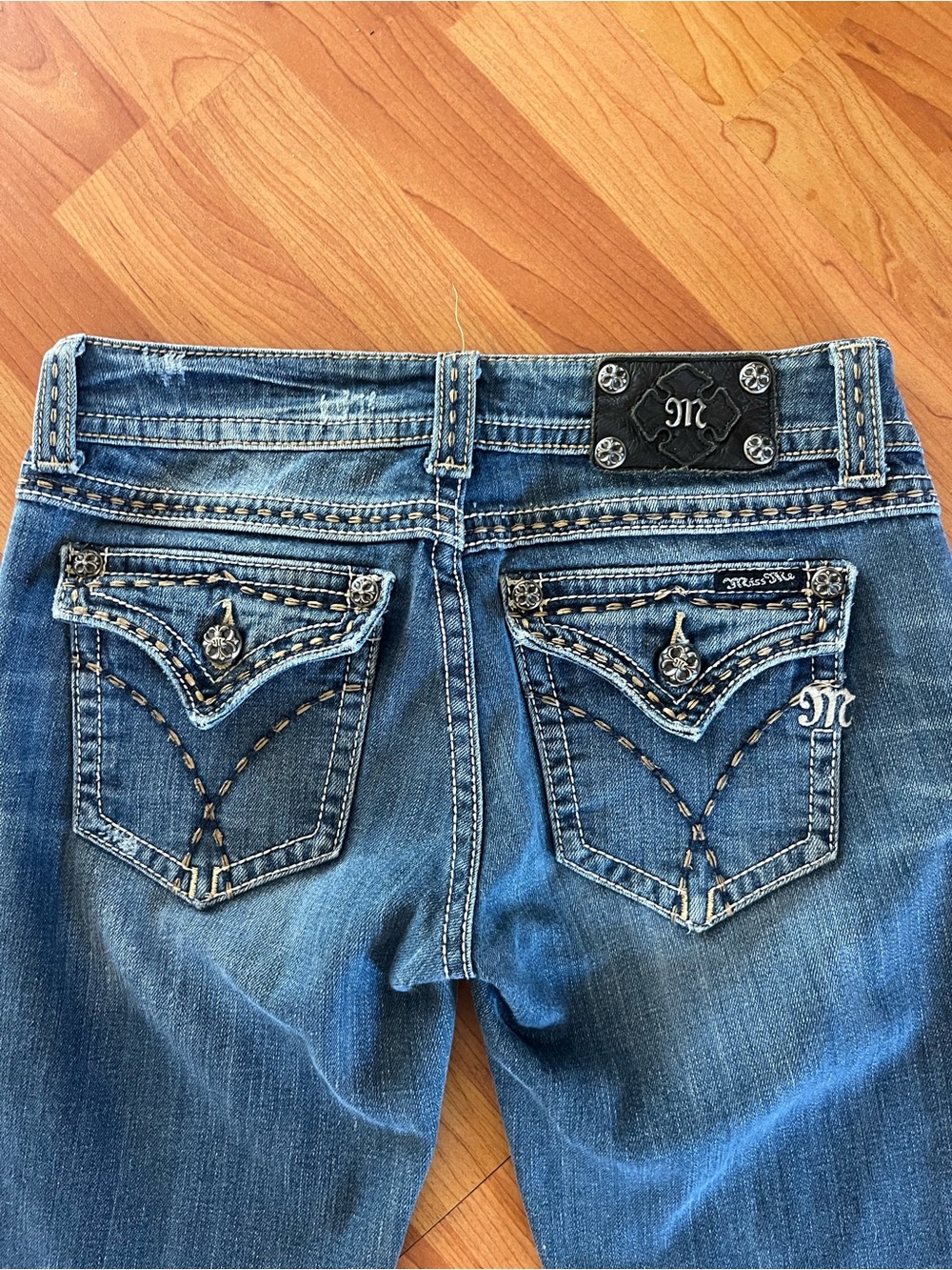 Miss Me Blue Embroidered Boot Cut Jeans with Decorative Pockets